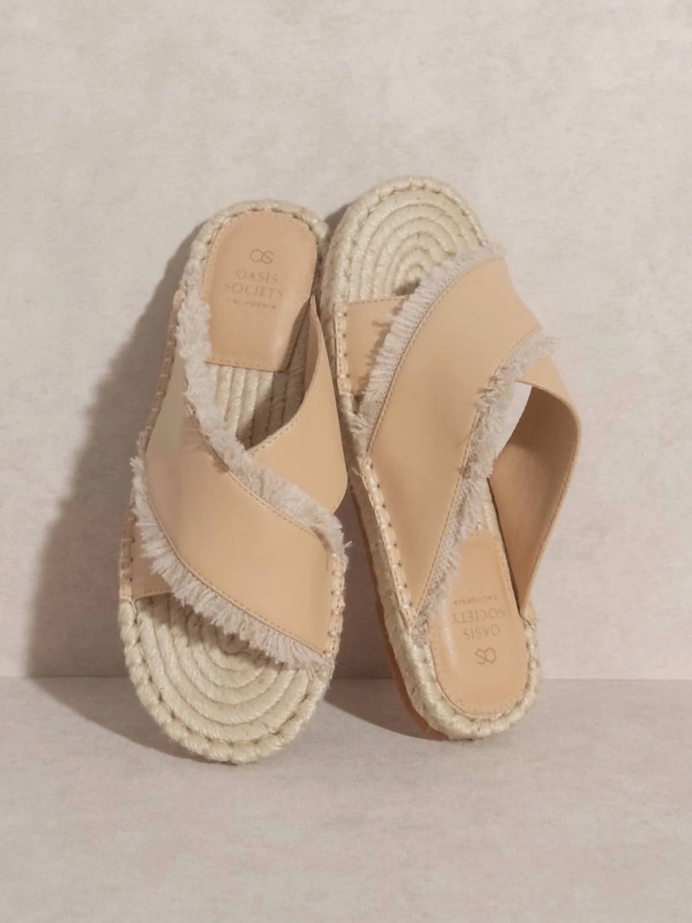 Oasis Society Beige Fringed Espadrille Slide Sandals